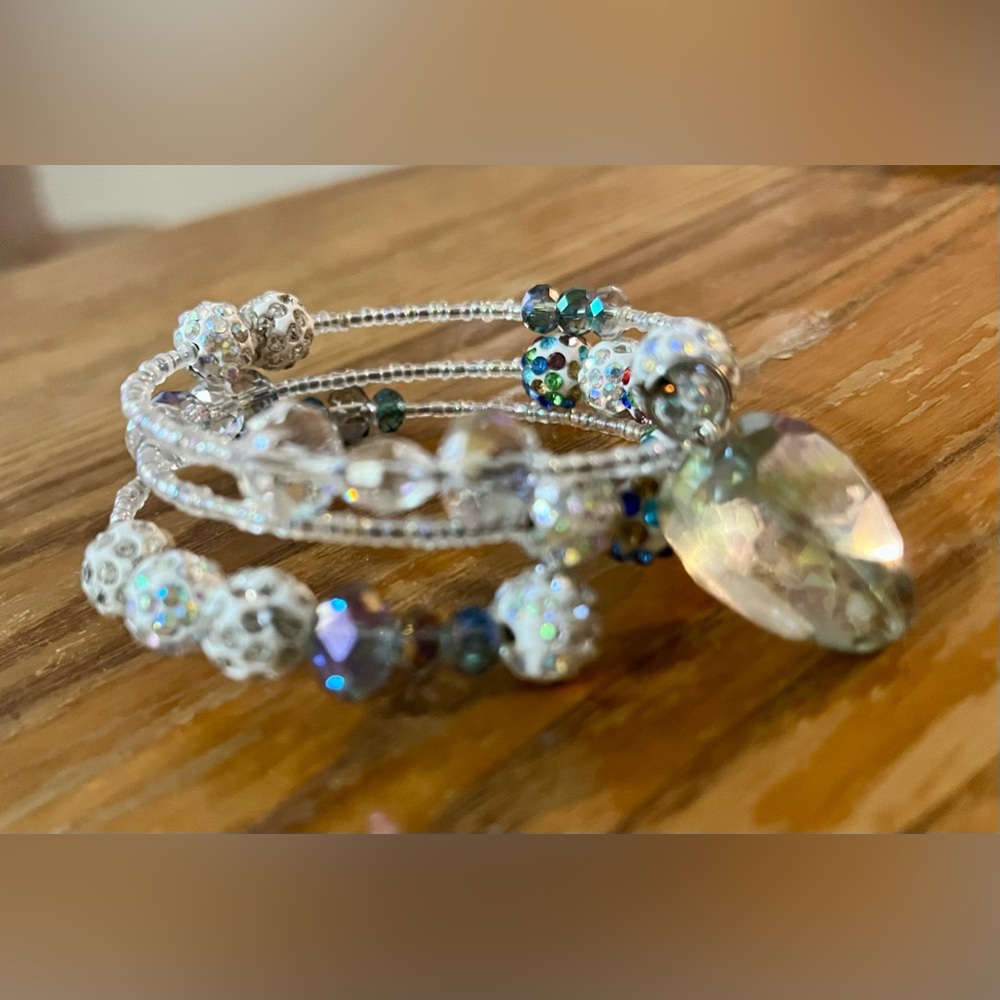 Handmade Spiral Wrap Bracelet Rhinestone Iridescent Beads & Crystal Heart Bangle